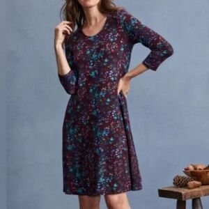 Garnet Hill Seamed Knit Trapeze Dress brown with turquoise floral print sz small